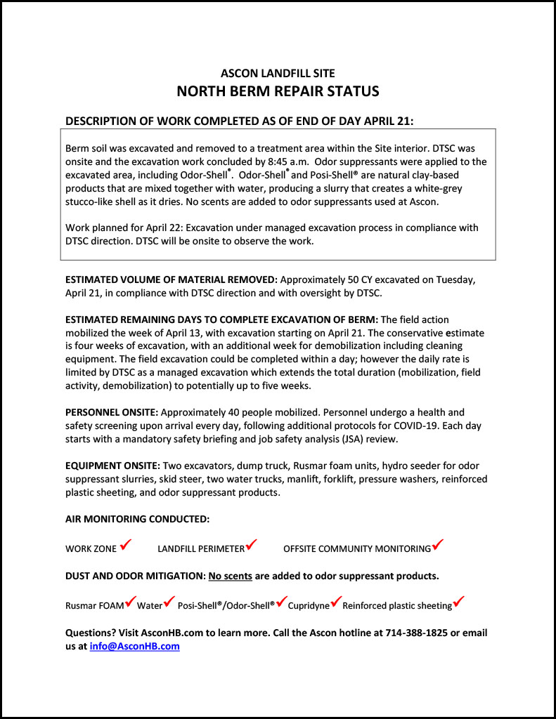 North Berm repair status update end of day April 21