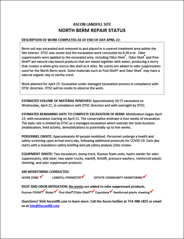 North Berm repair status update end of day April 21
