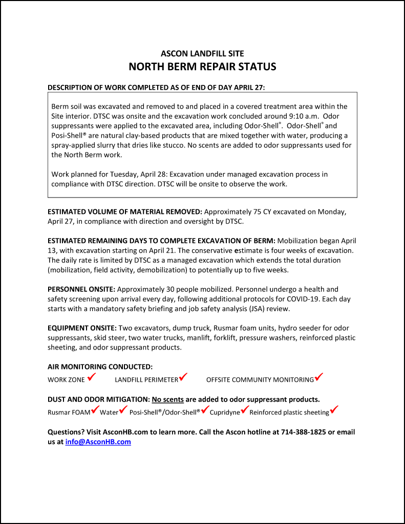 North Berm repair status update end of day April 27
