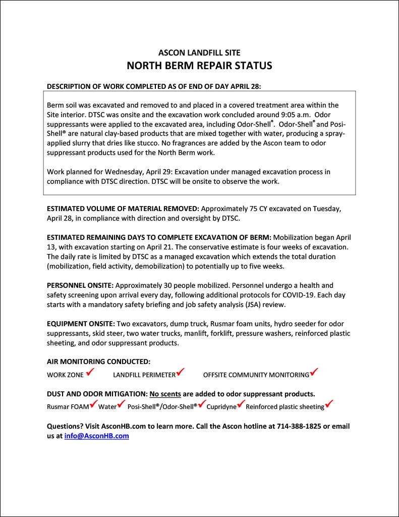 North Berm repair status update end of day April 28