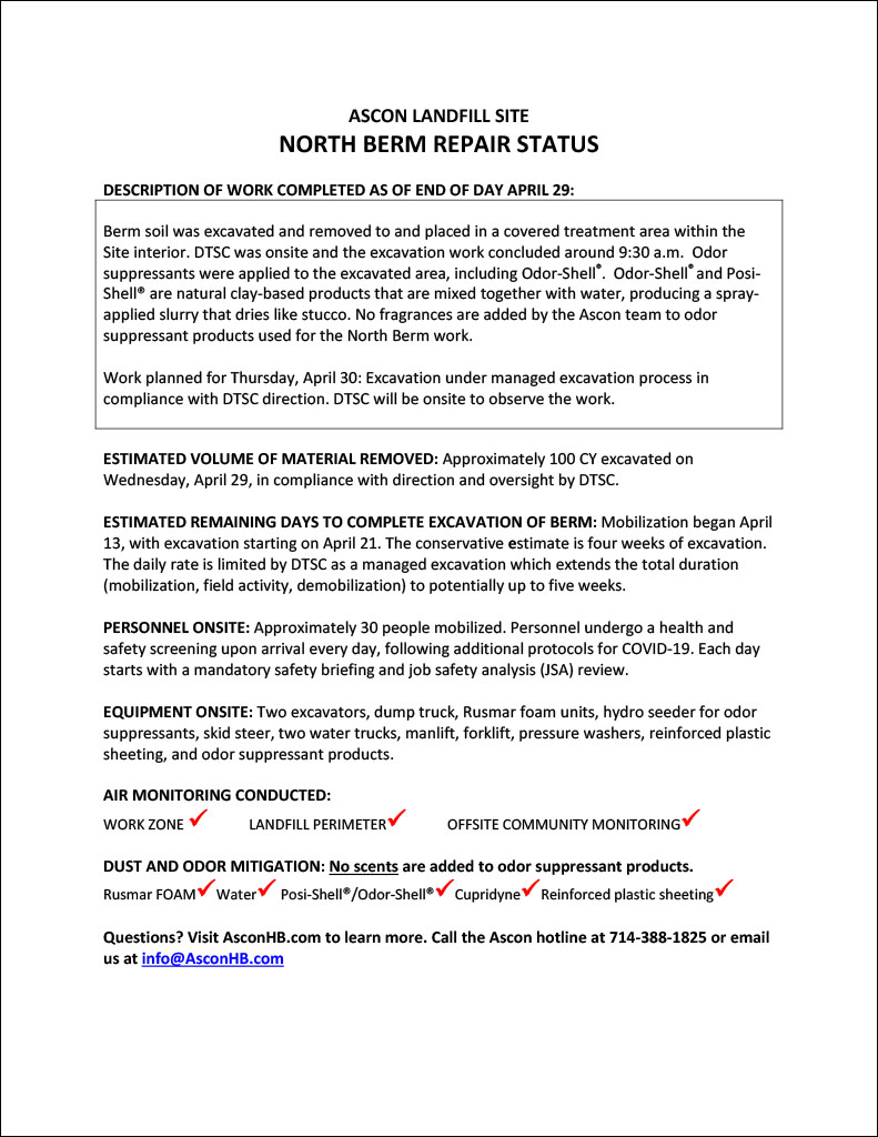 North Berm repair status update end of day April 29