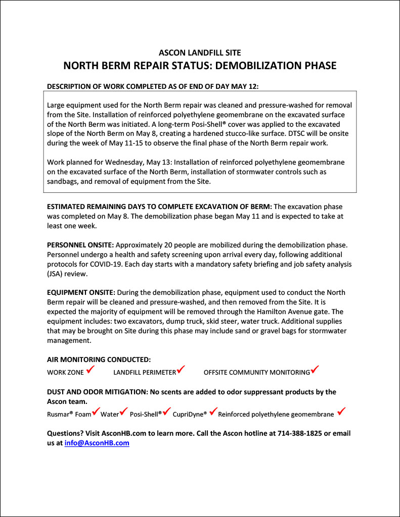 North Berm repair status update end of day May 12
