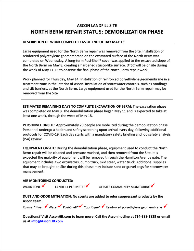 North Berm repair status update end of day May 13