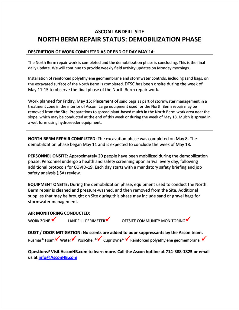 North Berm repair status update end of day May 14