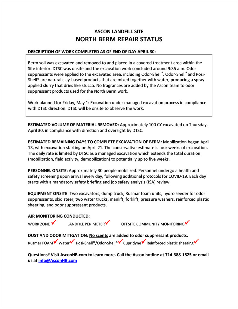 North Berm repair status update end of day April 30