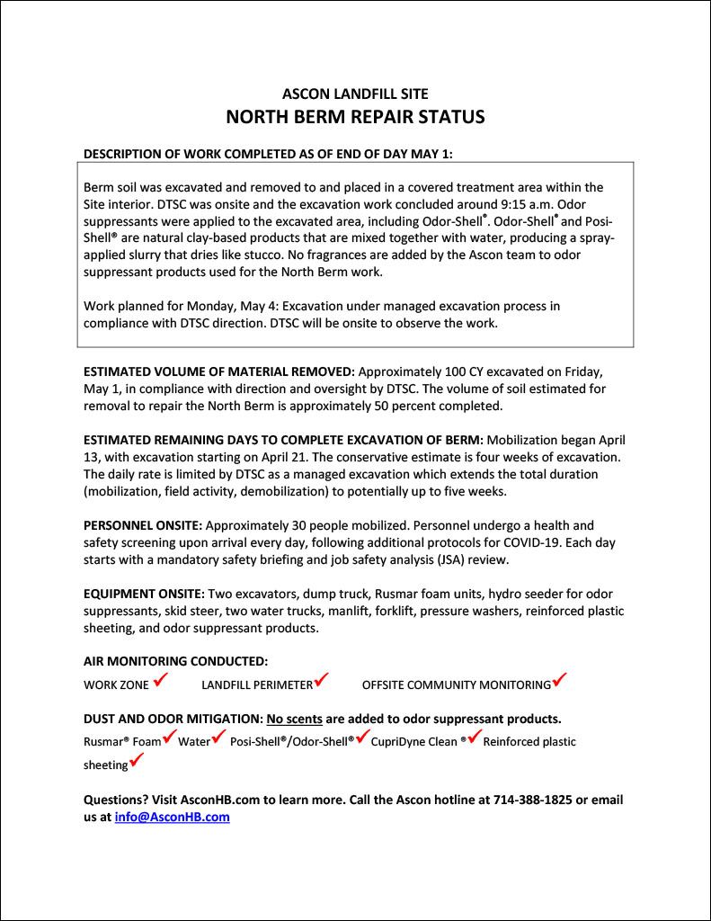 North Berm repair status update end of day May 1