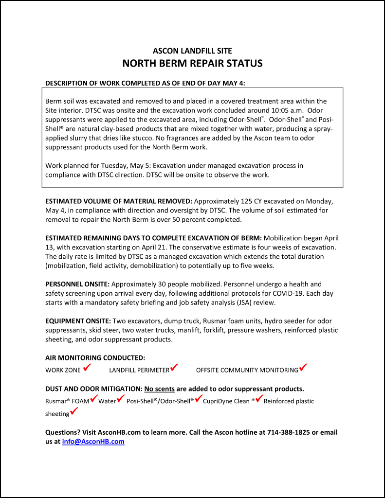 North Berm repair status update end of day May 4