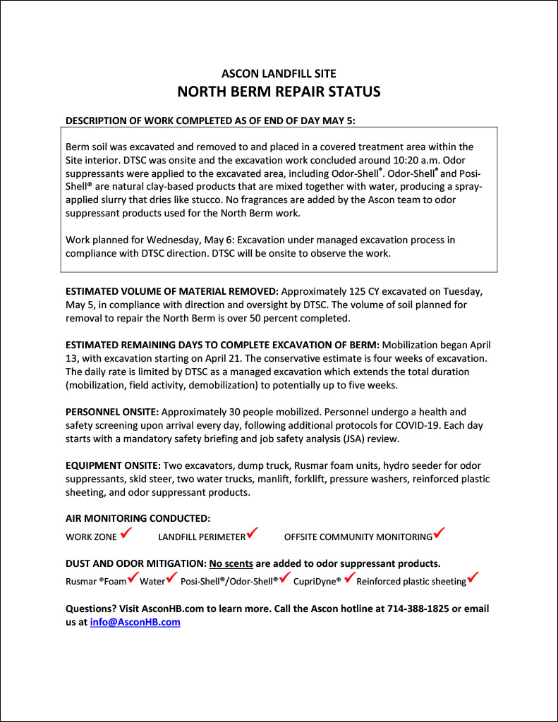 North Berm repair status update end of day May 5