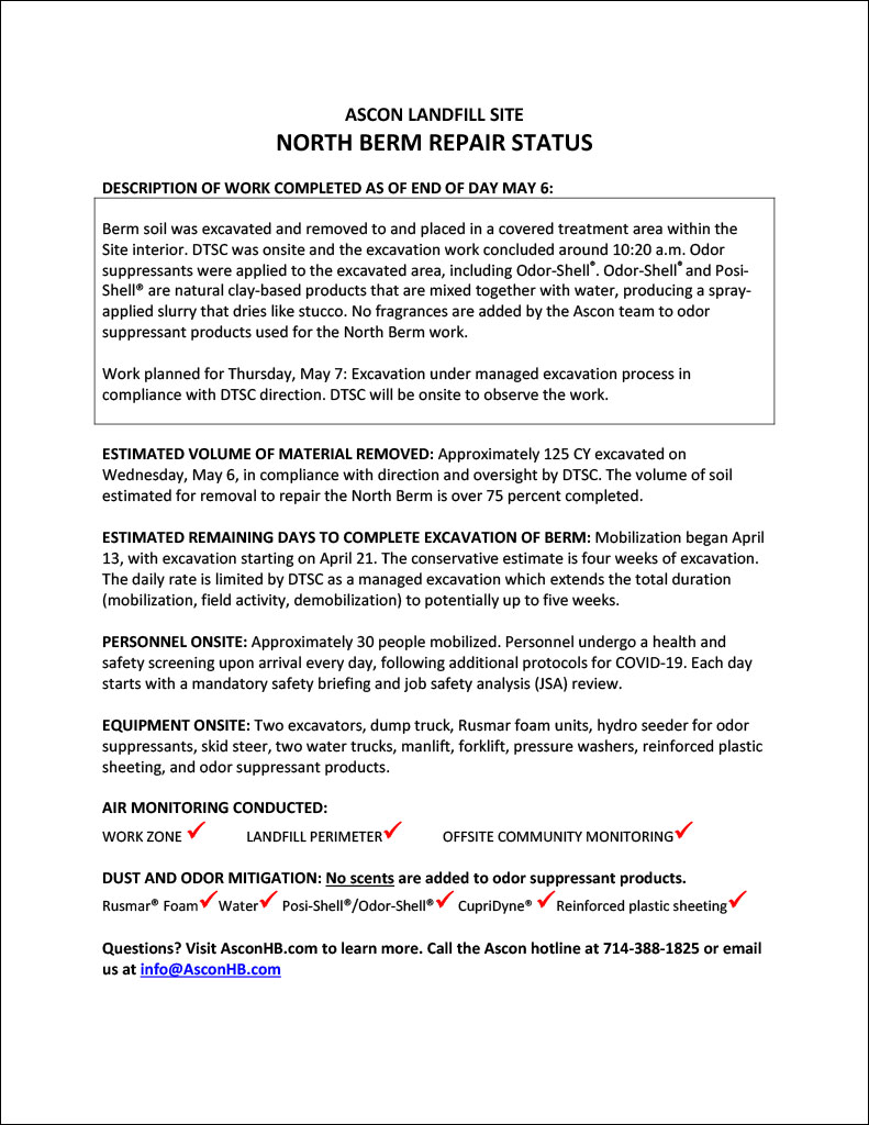 North Berm repair status update end of day May 6