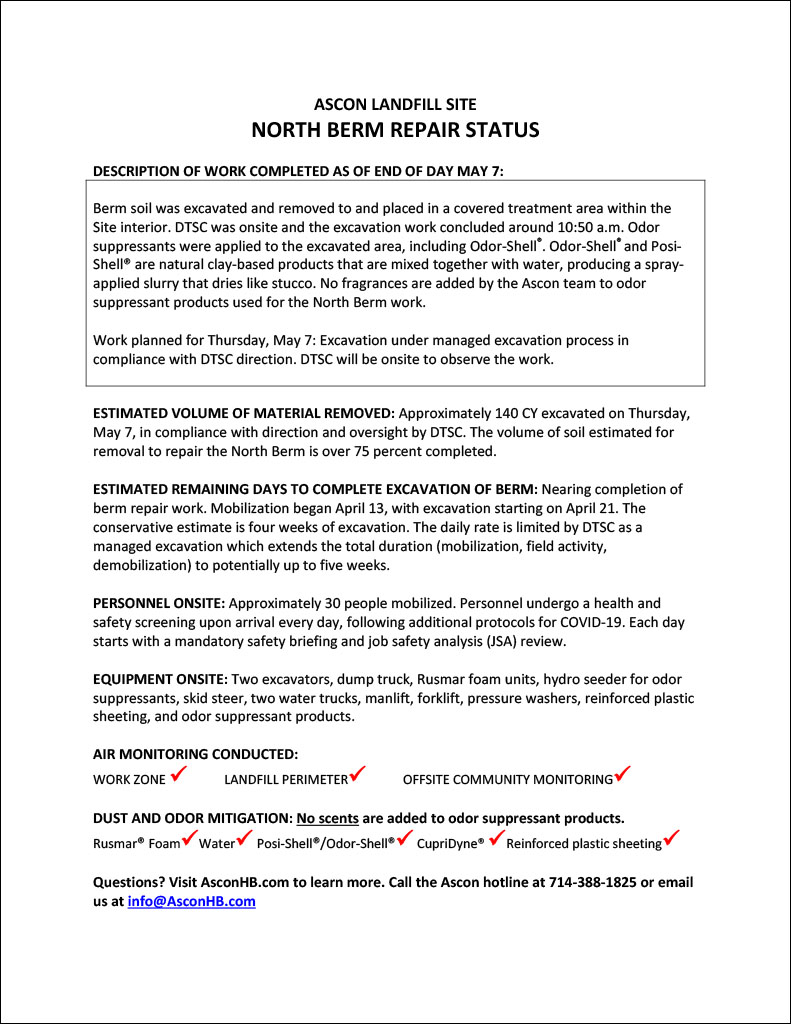 North Berm repair status update end of day May 7