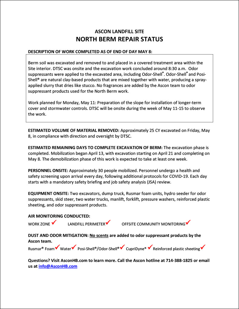 North Berm repair status update end of day May 8